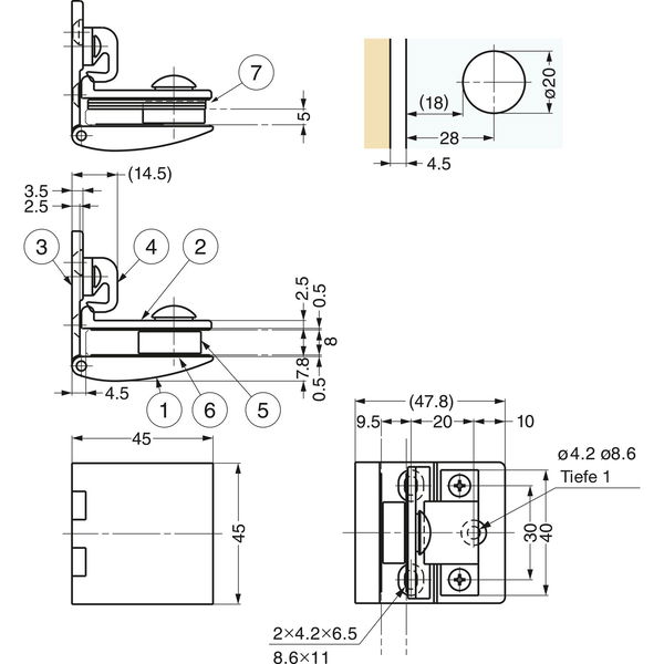 LAMP®Glastürscharnier GH-450, Glas 5-8 mm; 45×45 mm, Messing vernickelt matt