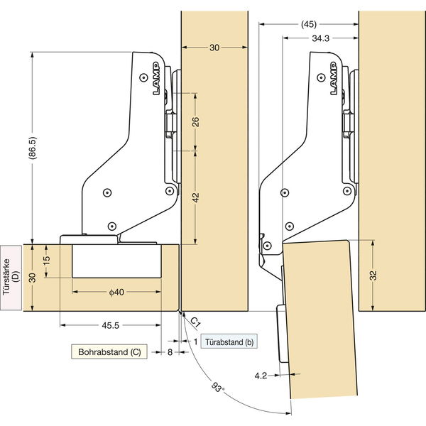 LAMP Schwerlast Möbel Scharnier 95°, Innenanschlag, mit Feder