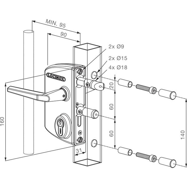 Gittertorschlossset LAKQ, PZW, 160 x 90 x 31 mm, Aluminium silberfärbig