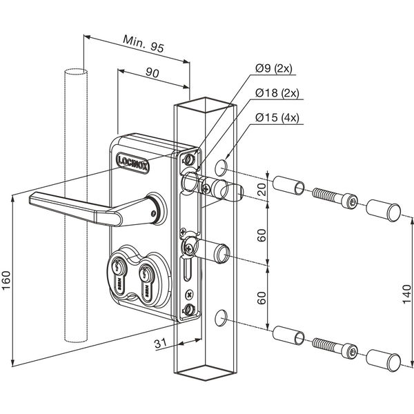 Gittertorschloss LDKZ4040 D1L, 2 PZW, für 40 mm Vierkantrohr, Alu silberfärbig