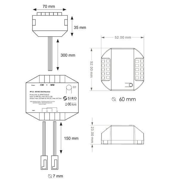 Siro PushPower Led Empfänger Duo mit 6-fach Verteiler passend zu Push Power Funk Lichtschalter, 24V/DC