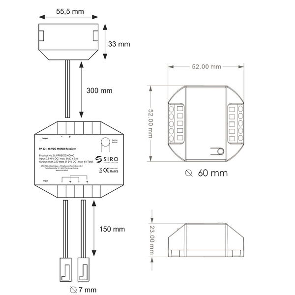 Siro PushPower Led Empfänger Mono mit 6-fach Verteiler passend zu Push Power Funk Lichtschalter, 24V/DC