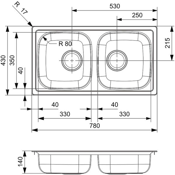 ReginoxEinbauspüle Beta 20 Edelstahl Spülbecken – Doppelbecken für 800mm Unterschrank, 780x430mm – hochwertige Spüle für die Küche