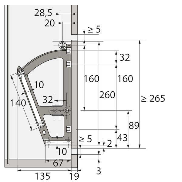 HETTICH Schuhschrankbeschlag, 1 Fach, ET 135mm, EH 265mm, Kunststoff, weiß