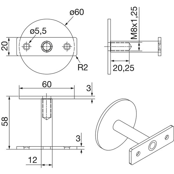 Handlaufträger flach, Rosetten ø 60 mm, Wandabstand 58 mm, Edelstahl