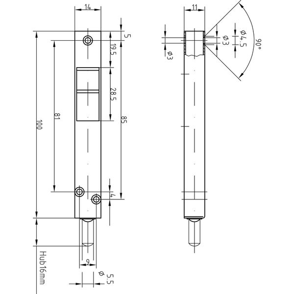 Kantenriegel U-Gehäuse mit Griffschieber eckig, 100 x 14 x 11 mm, verzinkt