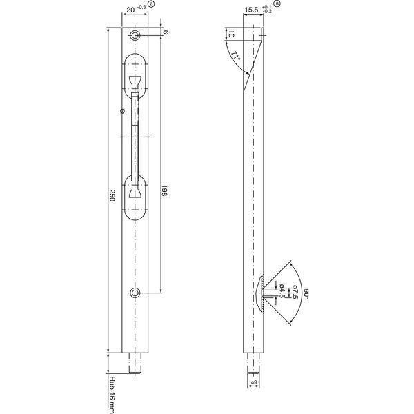 Türkantriegel U-Gehäuse mit Klapphebel 250 x 20 x 15,5 mm, Hub 16 mm, verzinkt