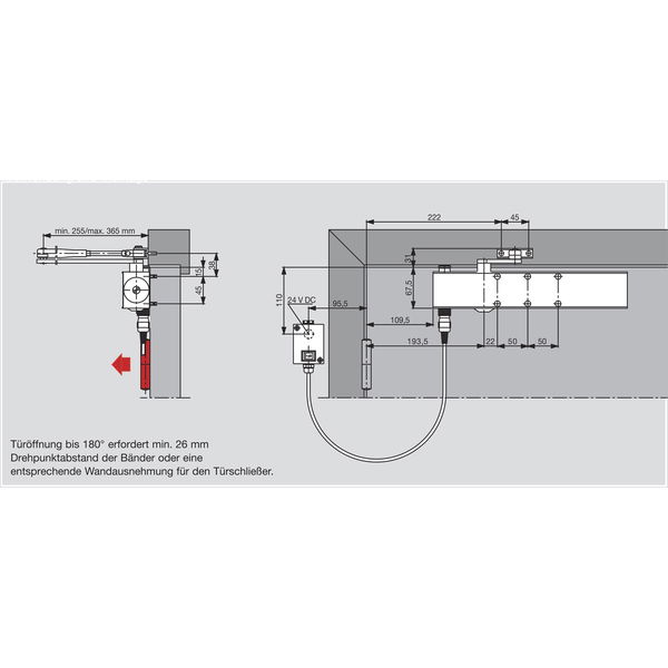 TS 73-EMF Türschließer mit elektro-hydraulischer Feststellung | Größe EN 5 ,Flügelbreite 1250mm | Türblattmontage, mit Gestänge, silber