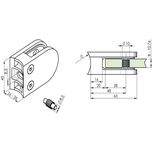 ECONOMY Glasklemmbeschlag Mod. 22 für Rundrohr 42,4 mm, rund 63 x 45 x 28mm,Zink