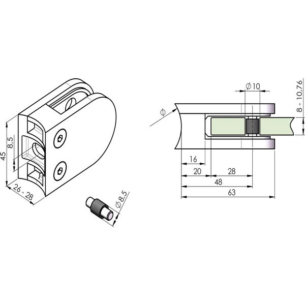 ECONOMY Glasklemmbeschlag f. Rundrohr 42,4mm, rund, Edelstahl geschliffen V2A