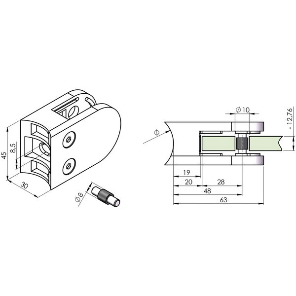 Glasklemmbeschlag Modell 25 für Rundrohr 42,4 mm
