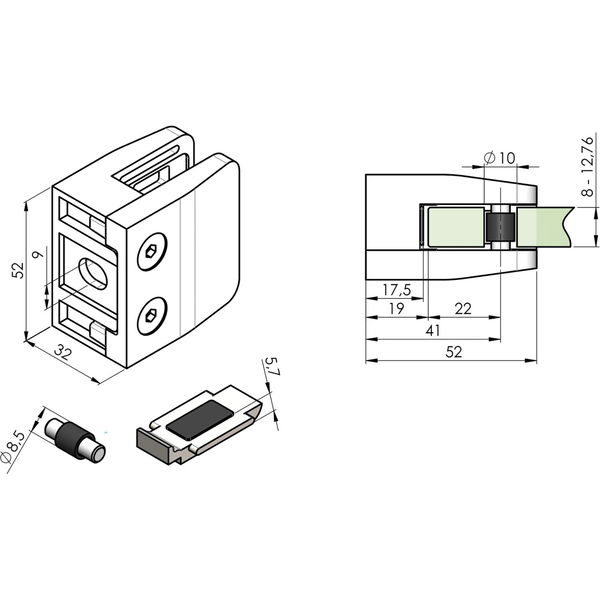 ECONOMY Glasklemmbeschlag Mod. 26 für Vierkantrohr, eckig 53 x 52 x 32 mm,Zink