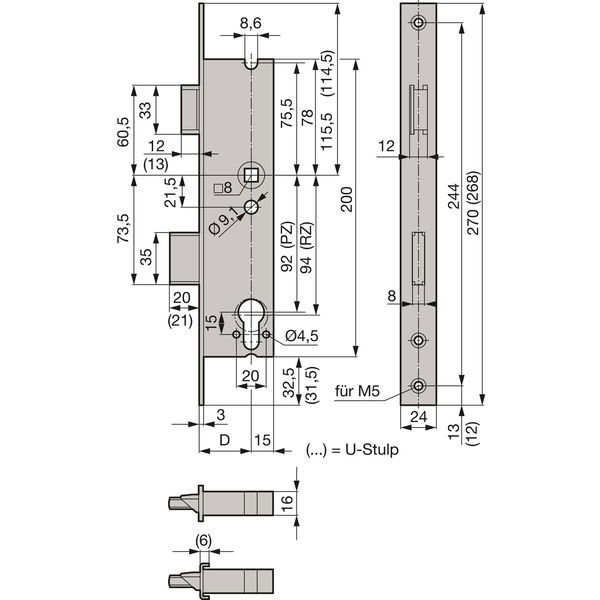 WSS Rohrrahmenschloss U-Stulp m. Falle und Riegel, DM 34, Edelstahl