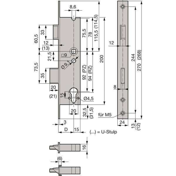 WSS Rohrrahmenschloss Flachstulp m. Falle und Riegel, universal, DM35, Edelstahl