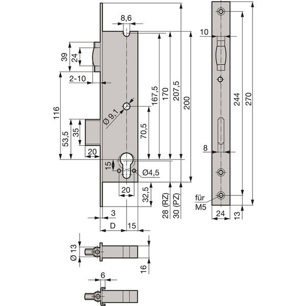 WSS Rohrrahmenschloss Flachstulp mit Rollfalle und Riegel